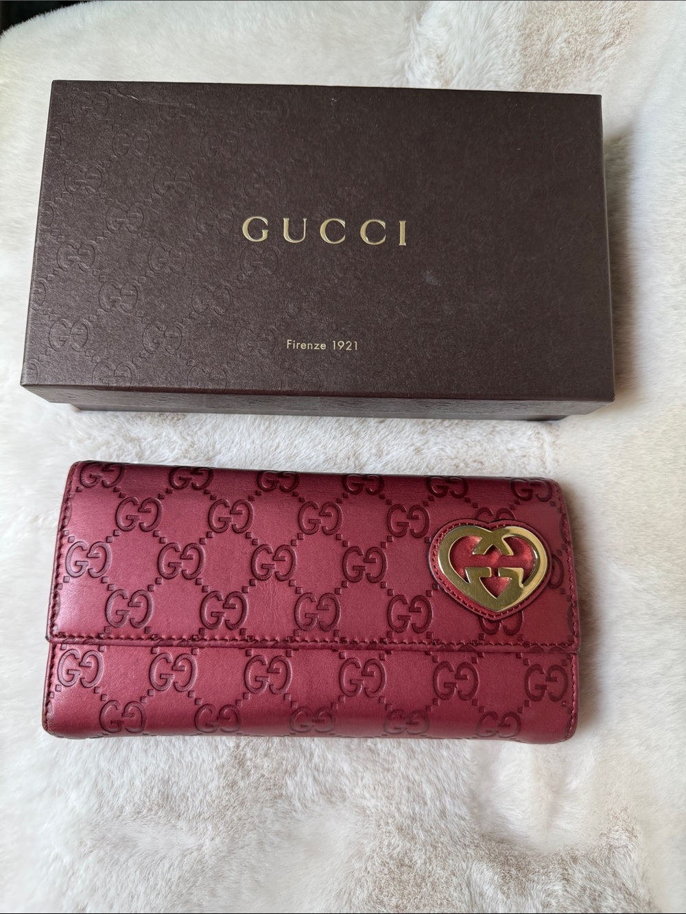 Gucci Raspberry GG Heart Continental Wallet with Gold Accent